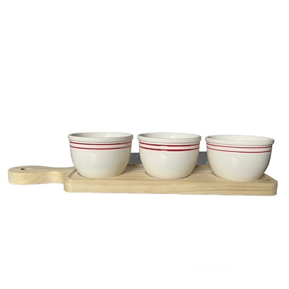 Hallmark Vintage 1970’s Trio of Small Ceramic Serving Bowls on Wooden Block